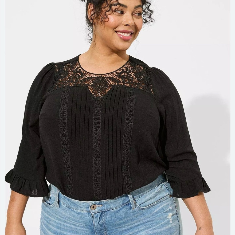 Torrid Black Washable Gauze Crochet Neck 3/4 Sleeve Blouse